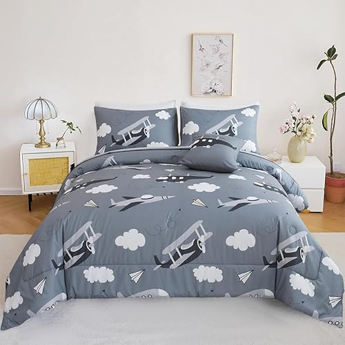 PERFEMET Juego de edredón tamaño matrimonial de 6 piezas para niños, estampado de aviones grises, suave, reversible, con helicóptero, para niños,