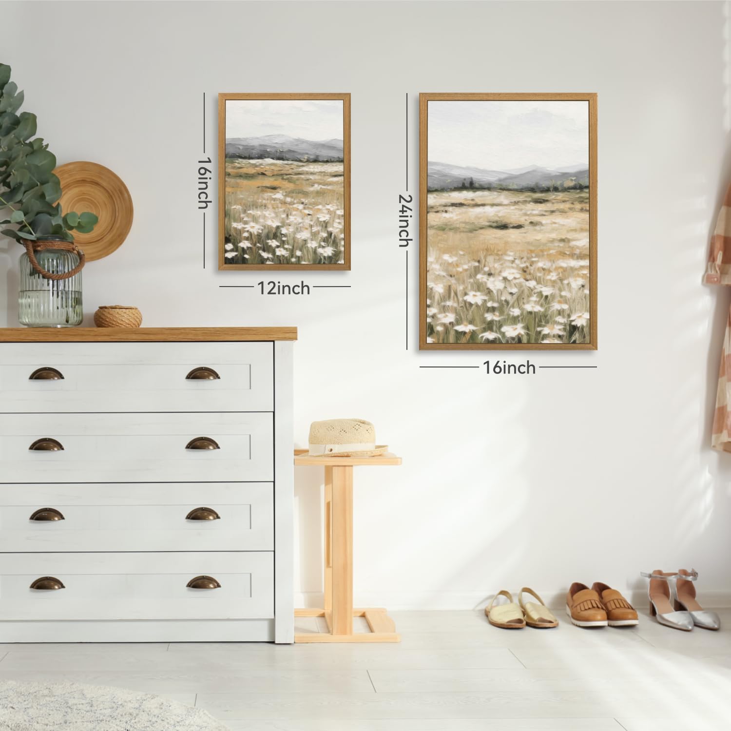 CAZLOUC White Wildflowers Wall Art Set of 3, Neutral Meadow Landscape Wall Decor, Minimalist Mountain Canvas Prints, Beige Rustic Field Paintings for Living Room Bedroom Wood Framed 12x16 Inch