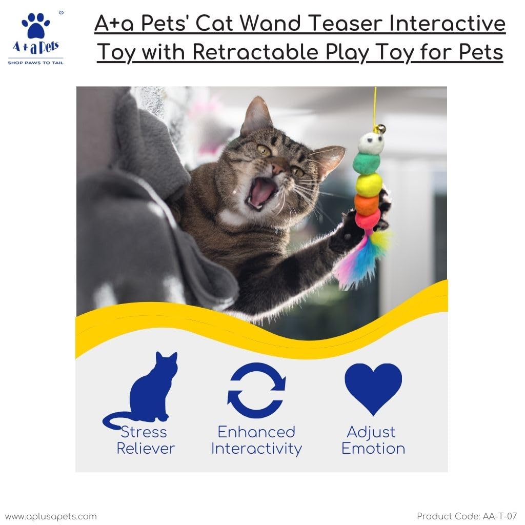 A+a Pets' Cat Wand Teaser Interactive Toy with Feather Tail Play Toy for Cats, Puppies, and Small Animals (Pom) 2