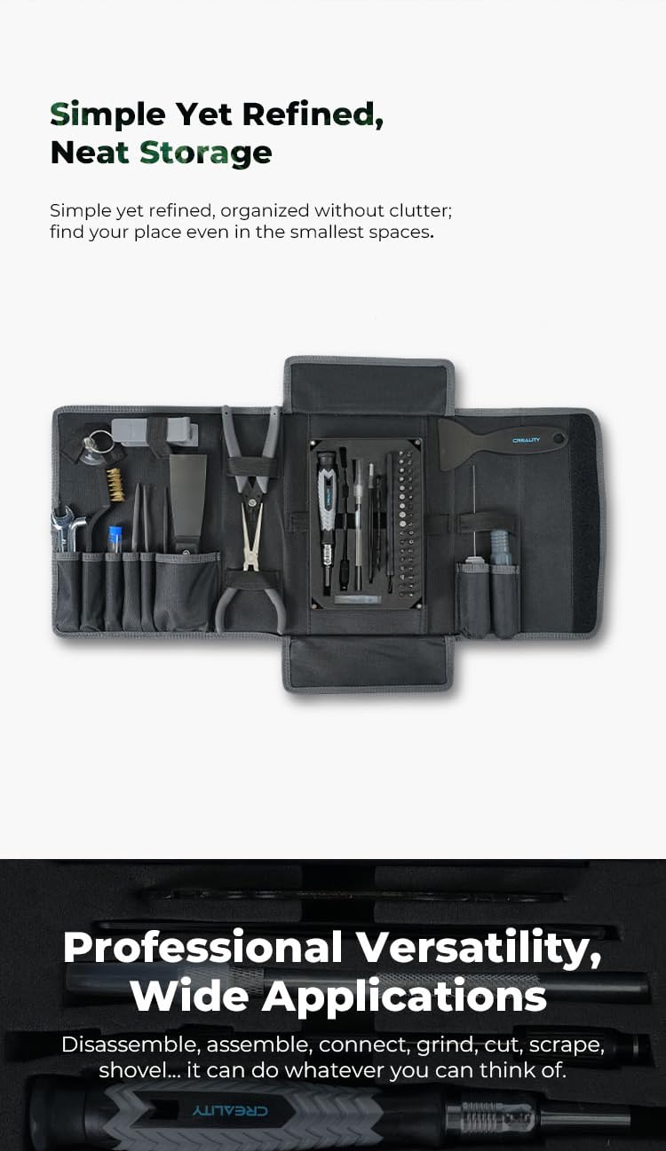 Creality Verbessertes 3D-Drucker-Werkzeug-Set Pro, 74-teilig, inklusive Entgratwerkzeug, Düsenreinigungswerkzeuge, Kunstmesser-Set, Rohrschneider, Aufbewahrungstasche, geeignet für 3D-Druckentfernung