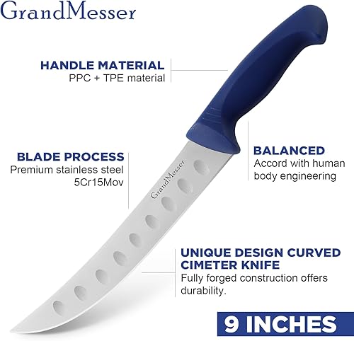 Miniatura 2 de Cuchillo de carnicero para cortar carne, cuchillo curvo con mango cómodo de 9 pulgadas, hoja de acero inoxidable alemán de alto carbono, cuchillo de