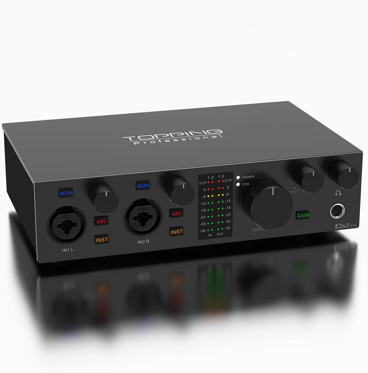 TOPPING E2x2 OTG USB Audio Interface | XLR Mic Preamp, 48V Phantom Power, Optical Output, Dual Streaming, Zero-Latency, 192kHz/24bit Recording, PC/Mobile Compatible, Mixer Control (Black)