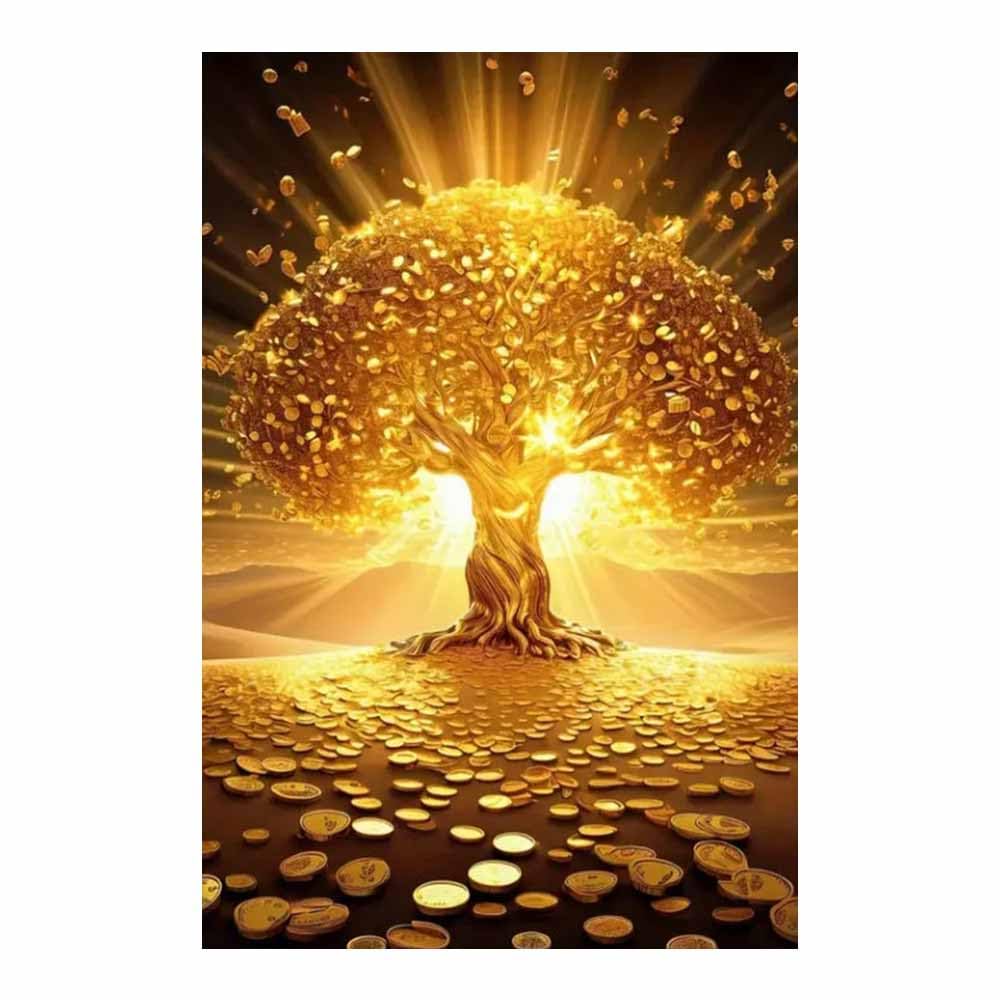 TERUEA Cuadros Decoracion Salon yoga femenino flor salud Lienzos decorativos Árbol Dinero Oro con Monedas Fantasía para dormitorio, baño,（Dorado-80x120cm1 Sin marco