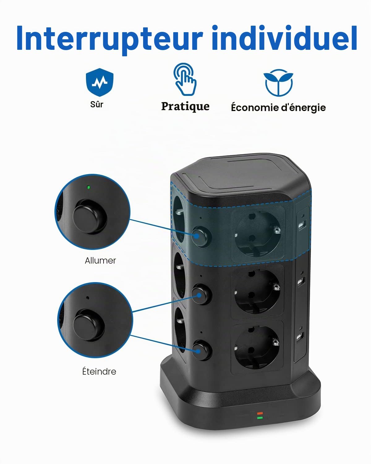 KOOSLA Tour Multiprise, 12 Prises, 6 USB, 5M, Noir | 12 Prises, 6 USB, 4000W/16A, 3 Interrupteurs, Parafoudre, Câble 5M, Bureau