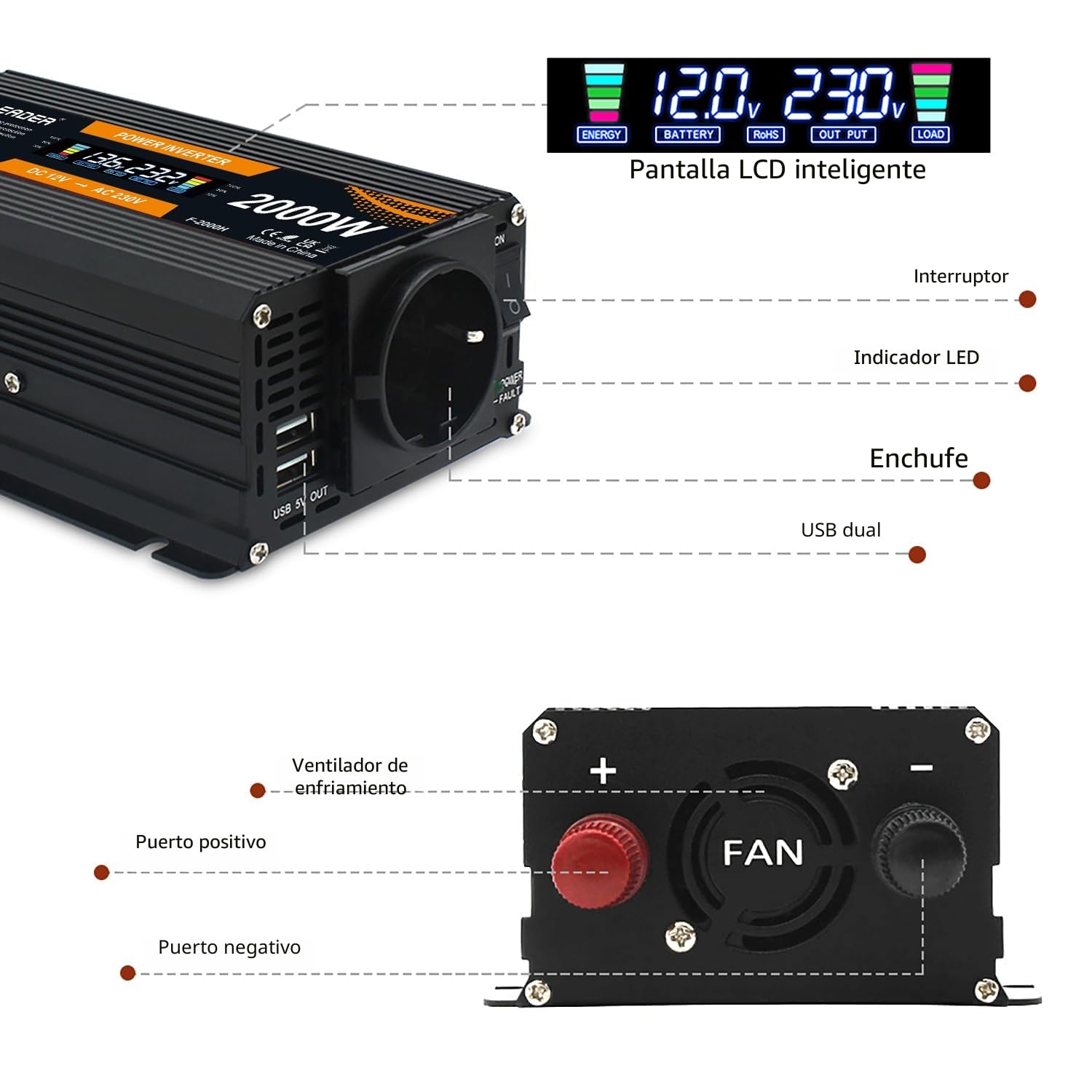 Yinleader Inversor de Corriente 12v 220v 900W Transformador LCD 2 USB - Negro