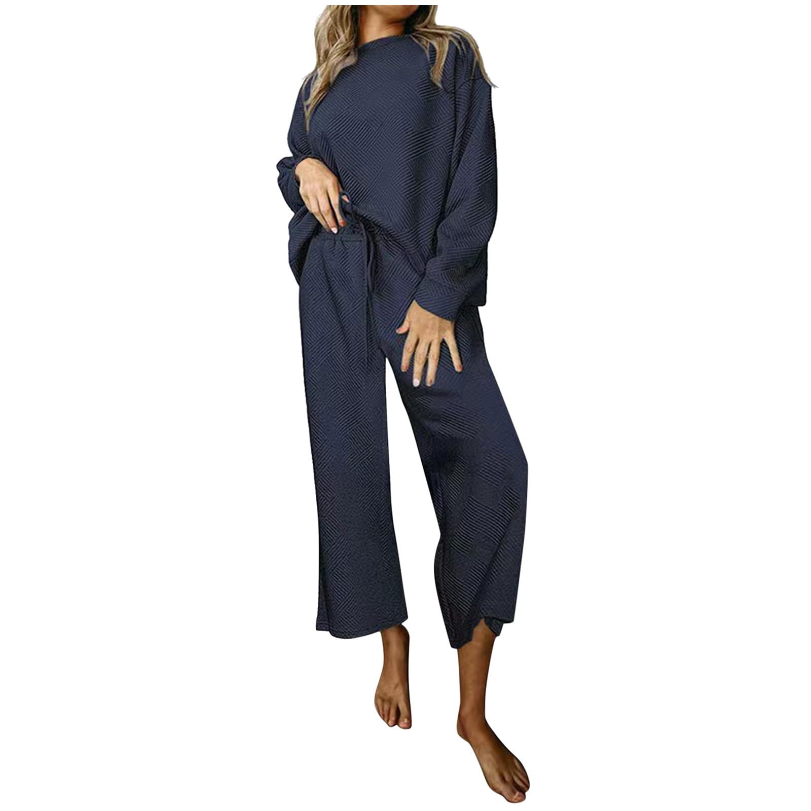 Jogginganzug Damen Flauschiger Anzug Damen Lässige Strick-Sets mit langärmeligen Pullover-Oberteilen und weiten Hosen Büro Outfit