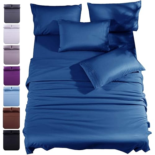 Shilucheng Queen Size 6-Piece Bed Sheets Set Microfiber 1800 Thread Count Percale 16 Inch Deep Pockets Super Soft and Comforterble (Queen,Navy Blue)
