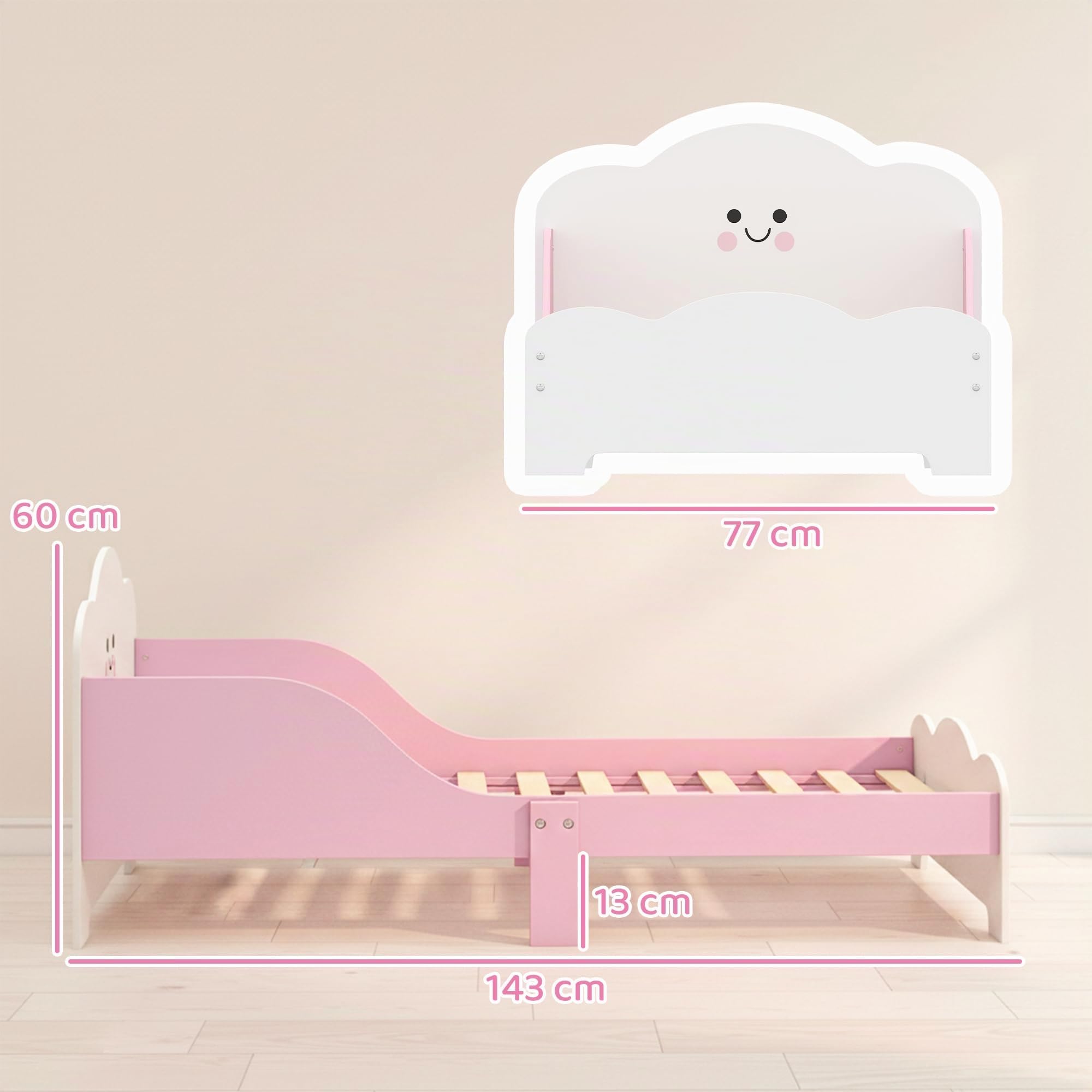 AIYAPLAY Letto Montessori per Bambini 3-6 Anni in Legno 143x77 cm Rosa | Lettino Singolo per Bambini, Sponde Anti-Caduta, Rete a Doghe, Forma di Nuvola, per Cameretta
