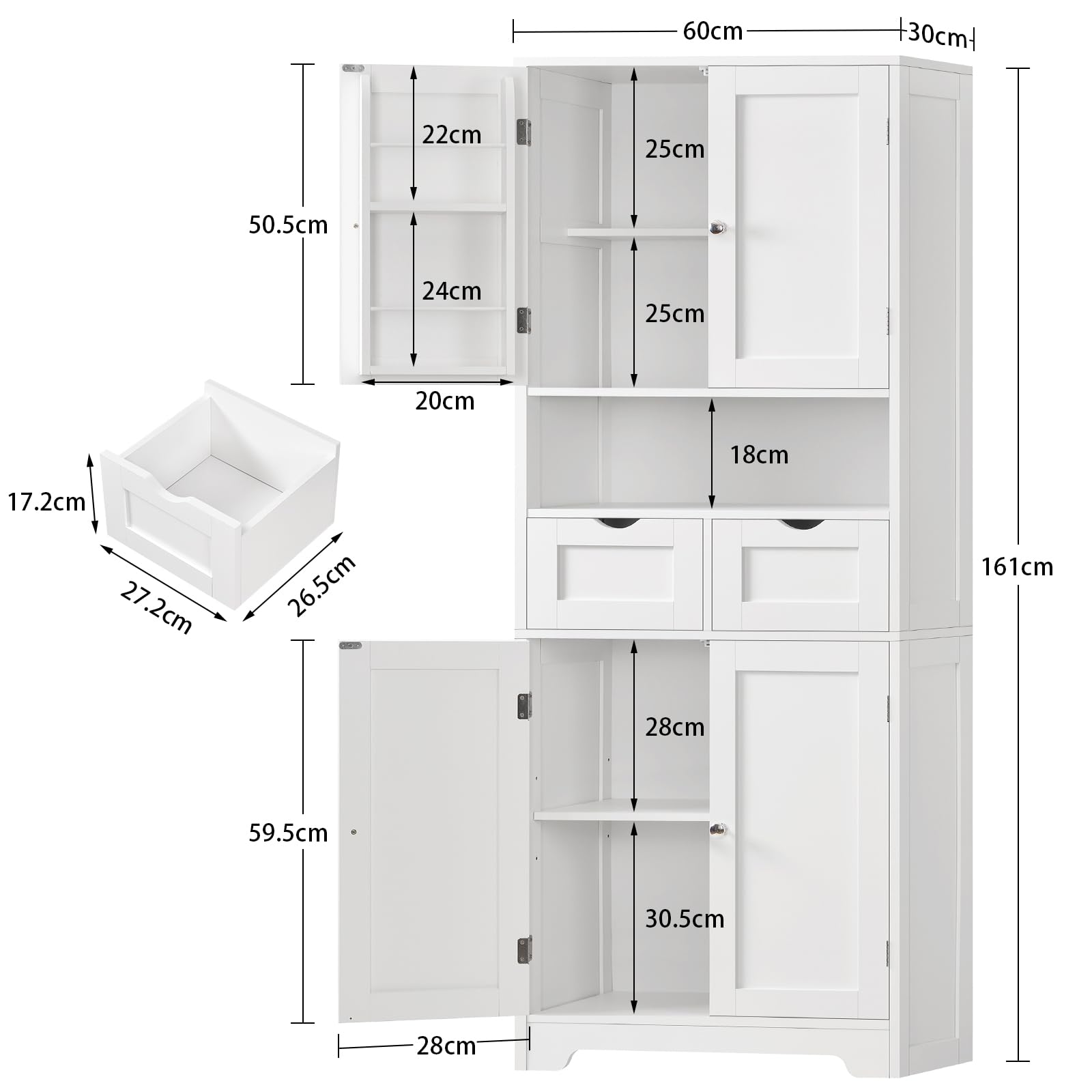 TEENFON Credenza Cucina Alta, Mobile Dispensa Alto 4 Ante e 2 Cassetti con Ripiani Regolabili e Portaspezie sulla Porta, Armadio Multiuso per Cucina, Soggiorno, Bagno, 60 x 30 x 161 cm, Bianco