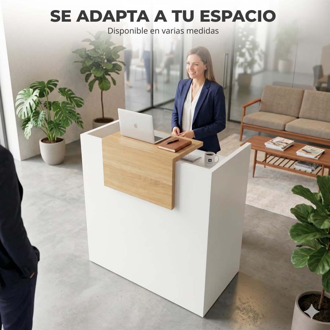 OFICIT Mostrador Recepción Profesional | Mostradores para Tiendas de Madera de 25MM de Grosor | Mueble Recepción con Estantería Ideal como Mostrador Peluquería, Tiendas, Clínicas o Academias