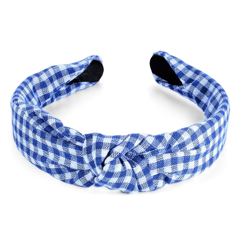 CAUDIO Blue White Striped Knotted Headbands for Women Top Knot Plaid Gingham Hairband Makeup Face Wash Hair Styling Accessories (Plaid)