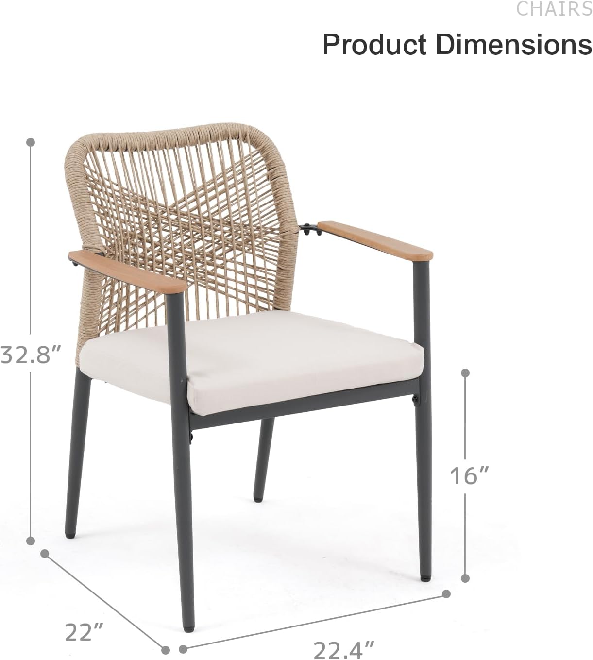 SUNSITT Patio Dining Chair Set of 4, Woven Wicker Outdoor Dining Chairs with Cushions & Faux Wood Grain Armrest Top, 4-Piece Stackable Bistro Chairs for Garden Backyard Porch