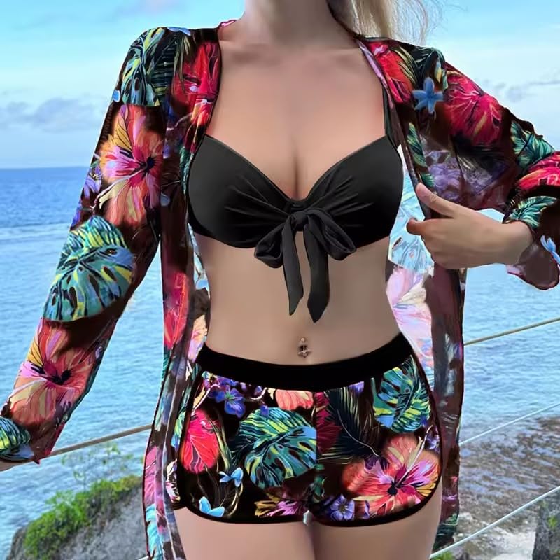 Image of AARAM Sexy Hot Beach Bikini Set for Women, Women's 3 Piece Beach Wear Stylish Printed Shorts Cardigan Suit Swimwear, Three-Piece Co-ord Set for Pool Vacation Honeymoon Beachwear