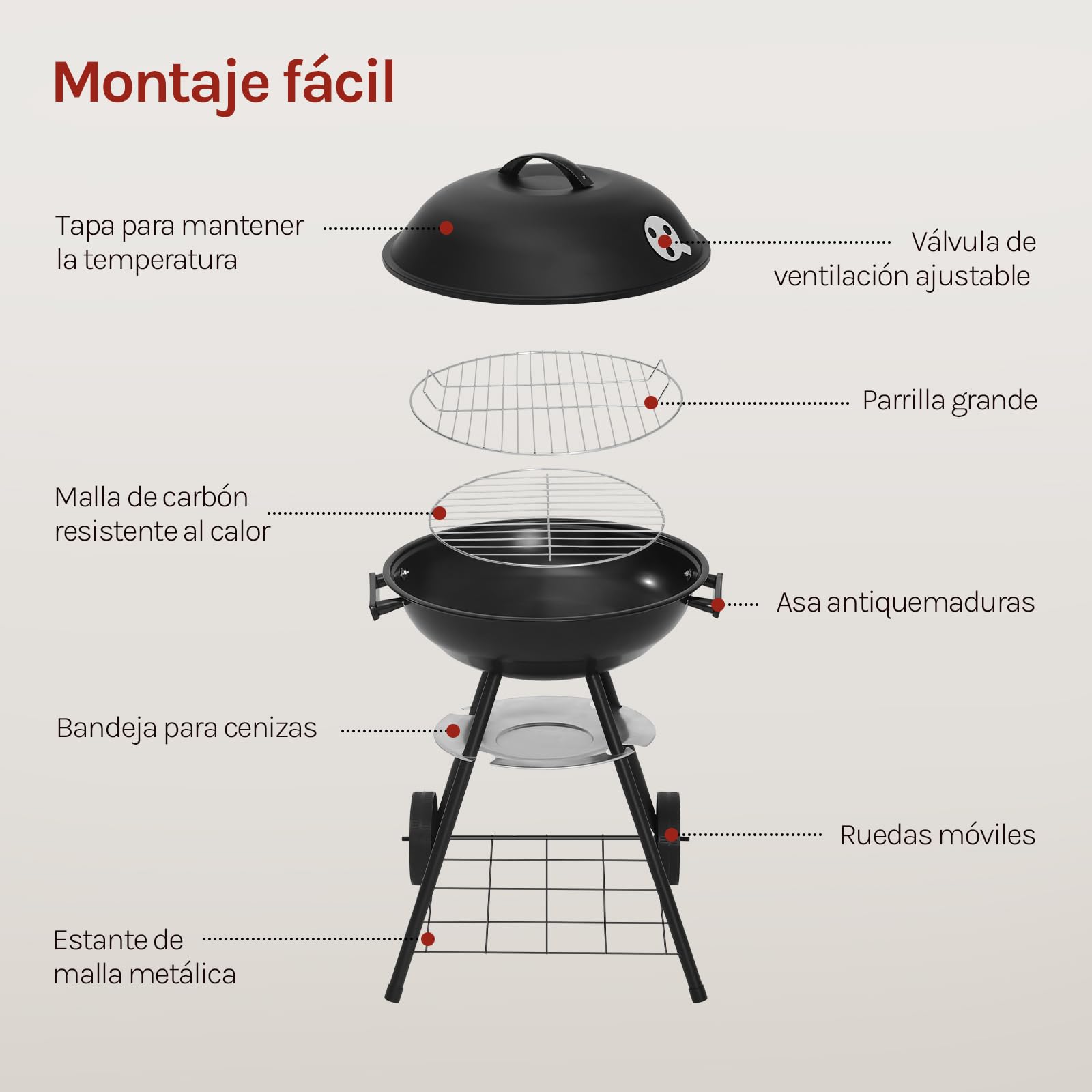 WOLTU Barbacoas de Carbón Portátil de Exterior con Parrilla y Ruedas para BBQ, Jardín, Camping 44 * 73 cm Negro