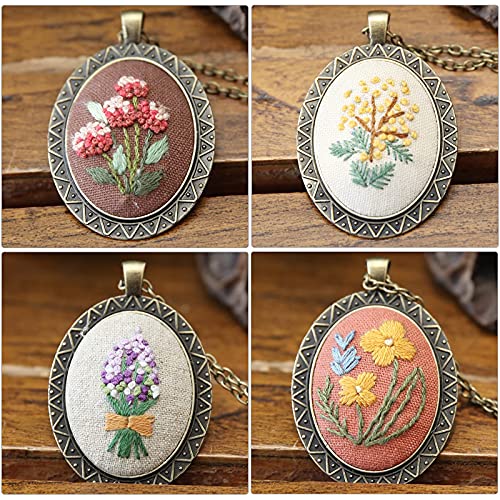 Image of ZOCONE 4 Packs Embroidery Necklace Kits, Embroidery Pendant Kit Mini Cross Stitch Kit with 4 Hoops, Necklace, Pendant, Stamped Pattern Cloth, Instructions, etc., Embroidery Kits for Adults