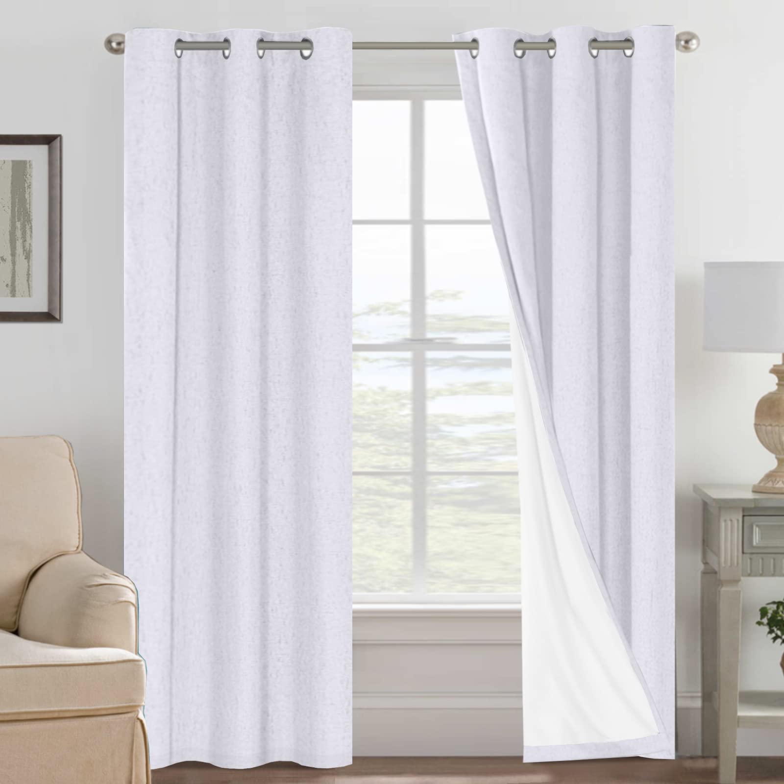 Primitive Linen Curtains 100% Blackout Curtain Drapes Burlap Fabric Curtains with White Thermal Insulated Liner, Grommet Top Curtains Living Room/Bedroom (2 Panels, 42 x 84 Inch, Bright White)