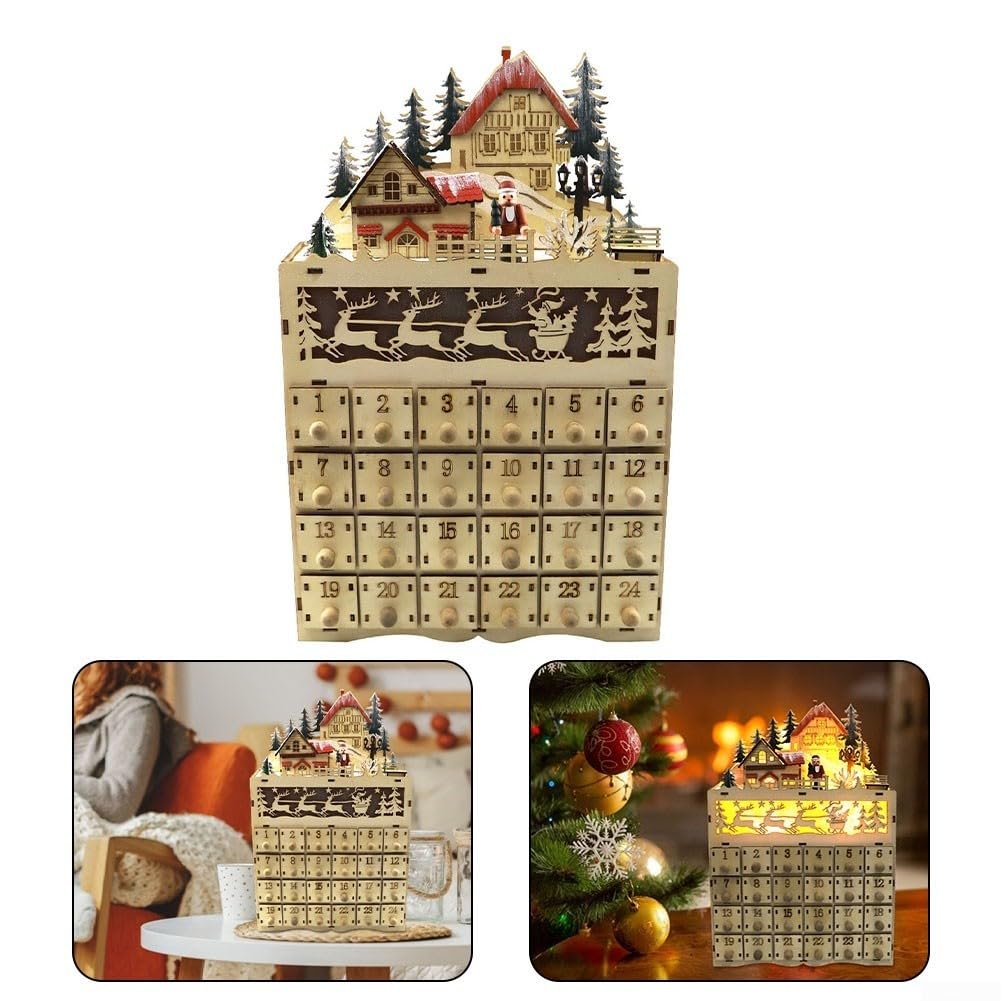 Calendario de Adviento de Navidad de 24 cajones, con luces LED, decoración tradicional de madera, para niños, decoración navideña