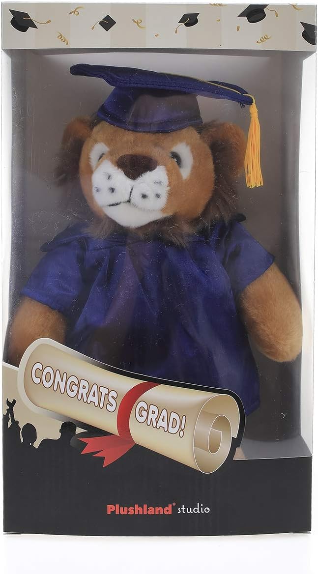 Plushland Lion Plush Stuffed Animal Toys Present Gifts for Graduation Day, Personalized Text, Name or Your School Logo on Gown, Best for Any Grad School Kids 12 Inches(Black Cap and Gown)