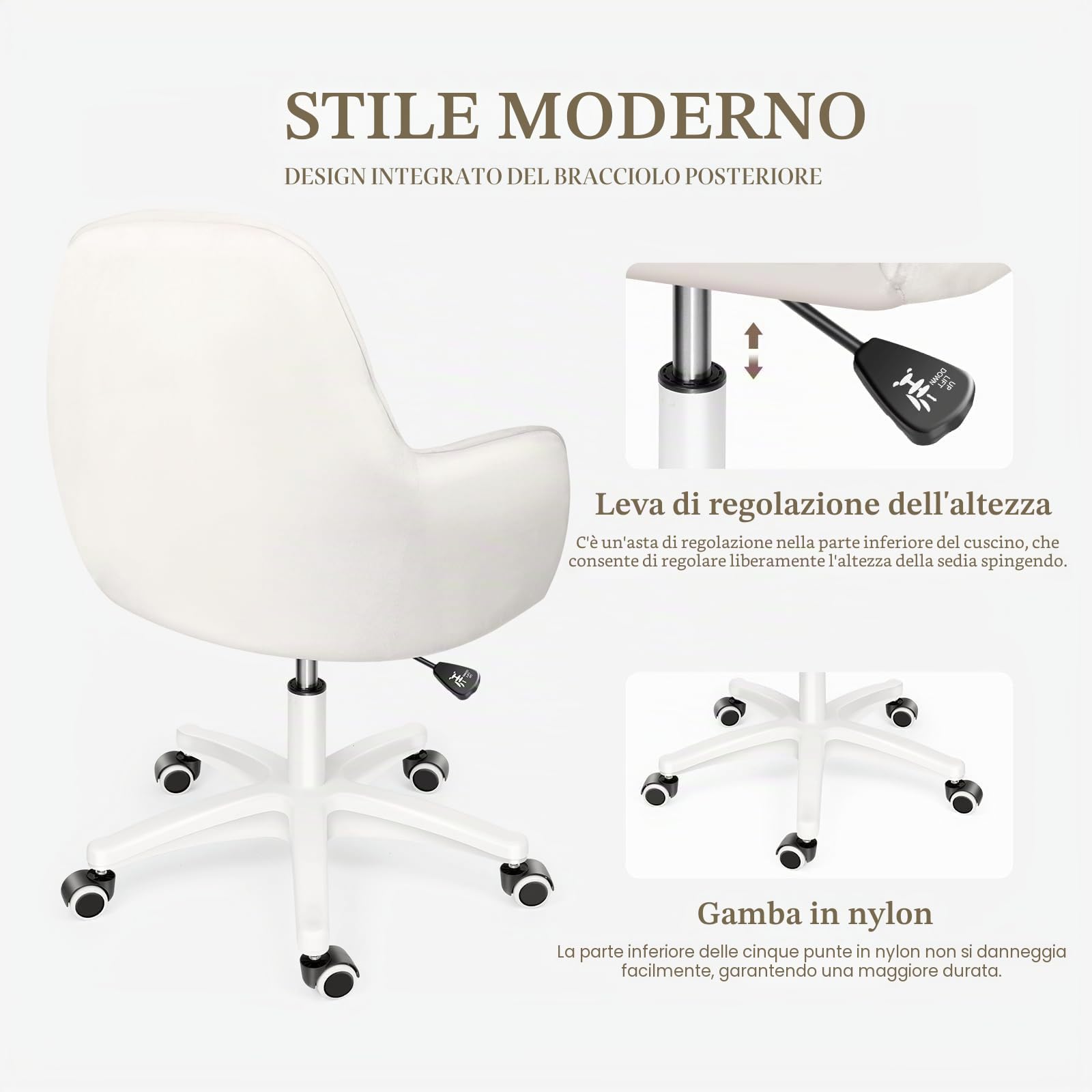 Sedia da ufficio carina - Sedia da lavoro regolabile, moderna e confortevole, girevole a 360°, schienale medio, adatta per l'ufficio domestico e il soggiorno