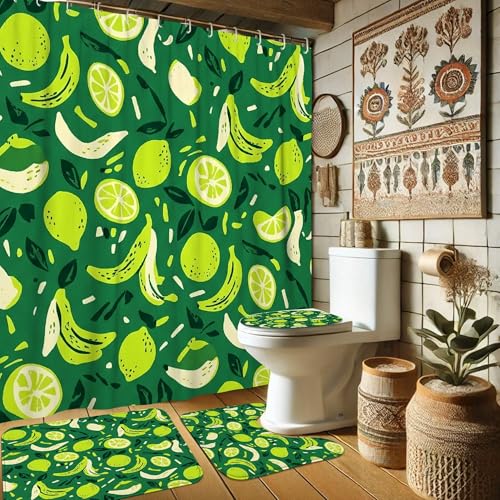 Ensemble rideau de douche 183x183 vert citron baignoire et tapis - 2