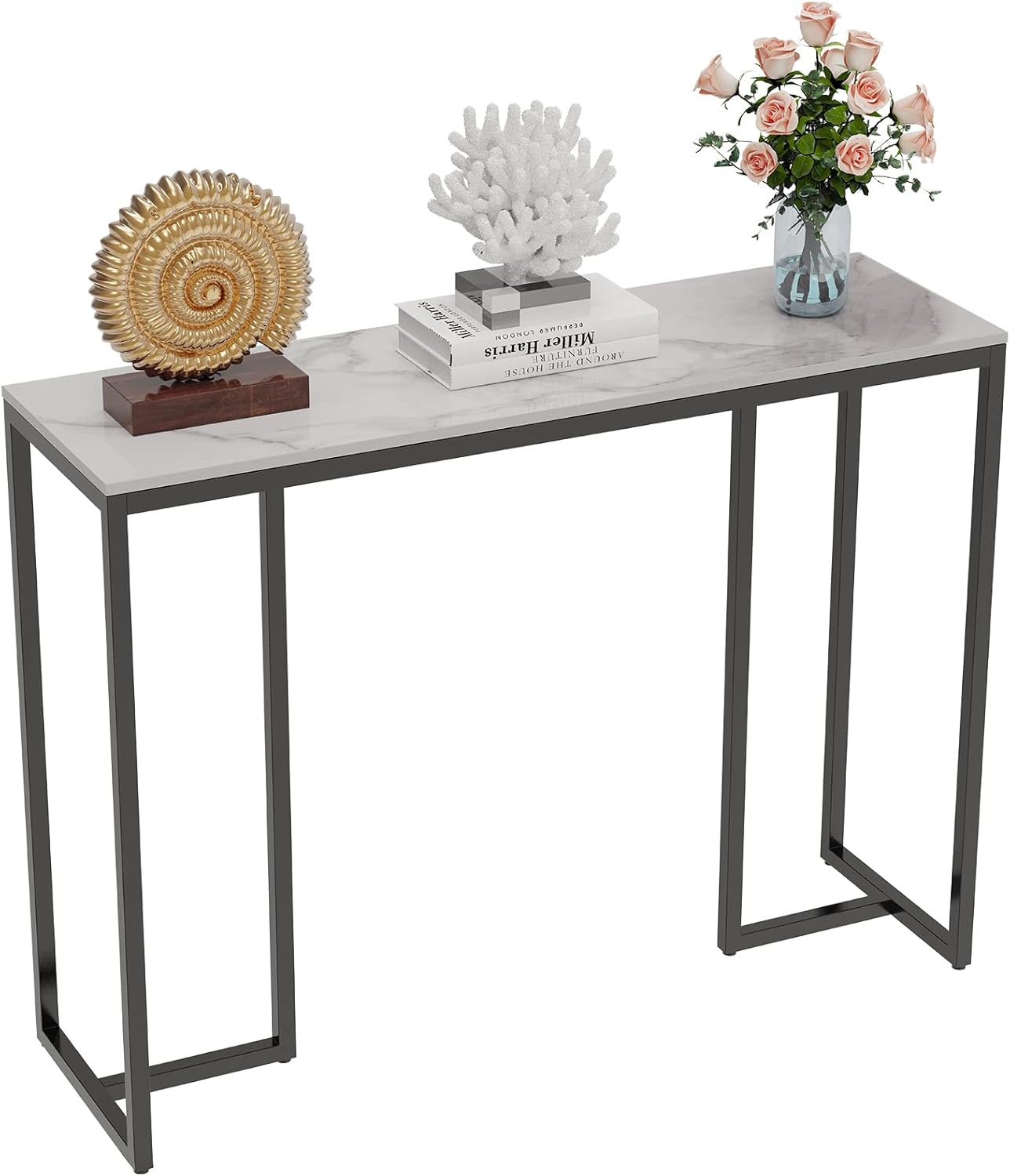 Wisfor Sintered Stone Entryway Table: White Console Table with Black Frame for Hallway - Long Narrow Table Behind Sofa, 39.4x11.8x30.9 inch