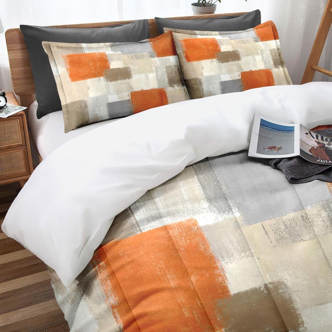 Beige Orange Painting Comforter Set Queen Size, Grey Gray Contemporary Soft Bedding Set with 2 Pillowcases for Girls Teens Kids Boys Adults Bedroom Bed Decor,1 Quilt 2 Pillow Cases