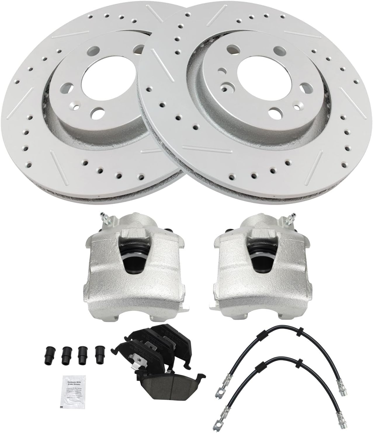 TRQ Front Brake Pad and Rotor Set Ceramic Drilled Slotted G Coated Rotors Calipers Compatible with 1998-2010 Volkswagen Beetle 2000-2006 Golf 1999-2005 Jetta