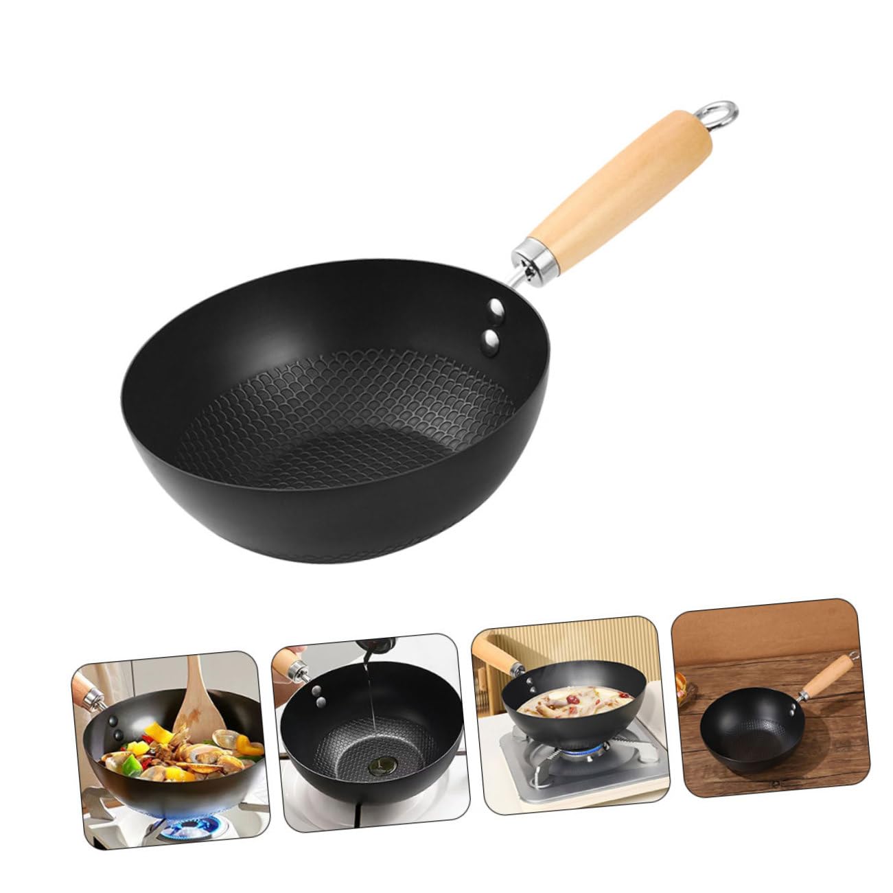 Alipis Kleine Wokpfanne für Induktionsherd Eisen mit Holzgriff Hitzebeständig Vielseitig für Braten und Dämpfen Schwarz