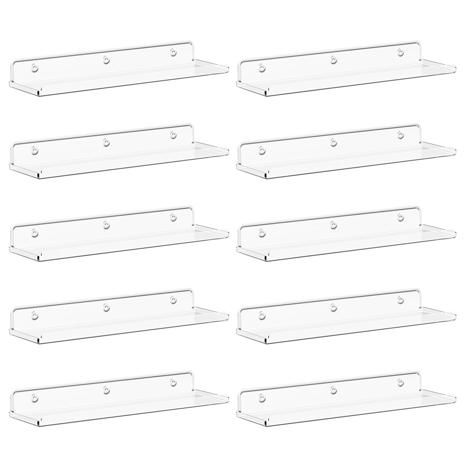 LifewitFloating Shelves for Wall, 10 Pack Clear Acrylic Shelf 15" Room Decor for Bookcase/Vinyl Record Display/Photo/Picture in Bedroom, Living Room, Bathroom, Kitchen Storage and Organization