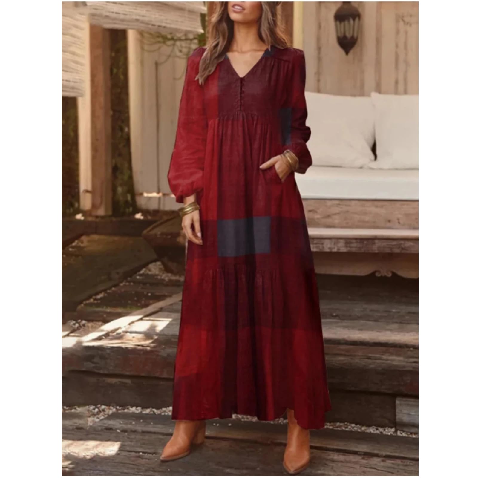 Vestidos Casuales de Mujer de Estilo Retro de Moda callejera con Escote en V y Manga Larga Estampados con Bloques de Color