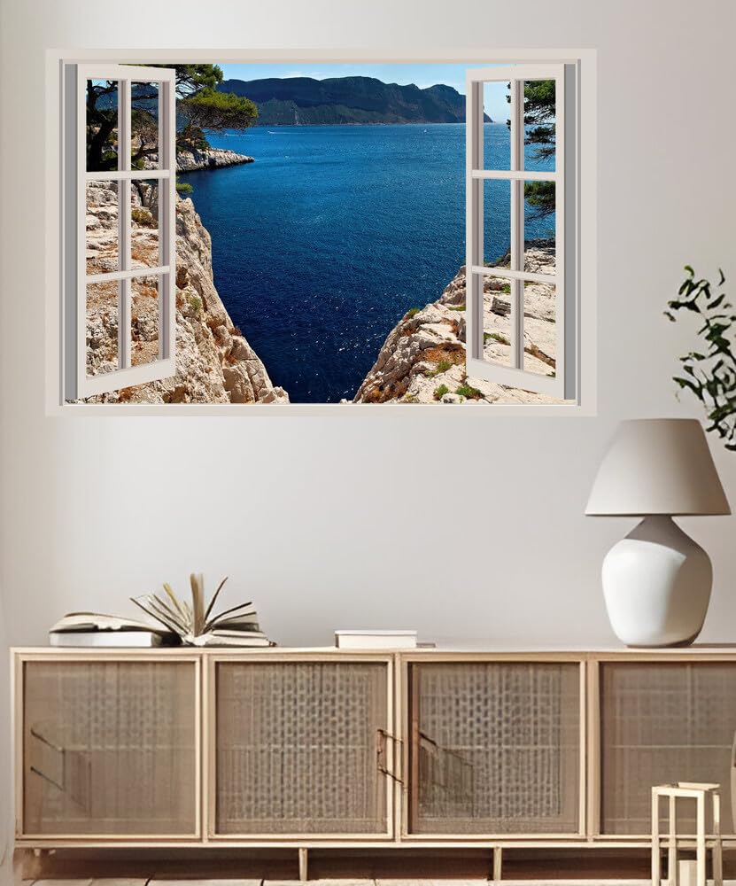 JVERF - JZZA21127 France Coast Calanque Port Miou Provence Bay Crag| Self-Adhesive Open Window Wall Sticker