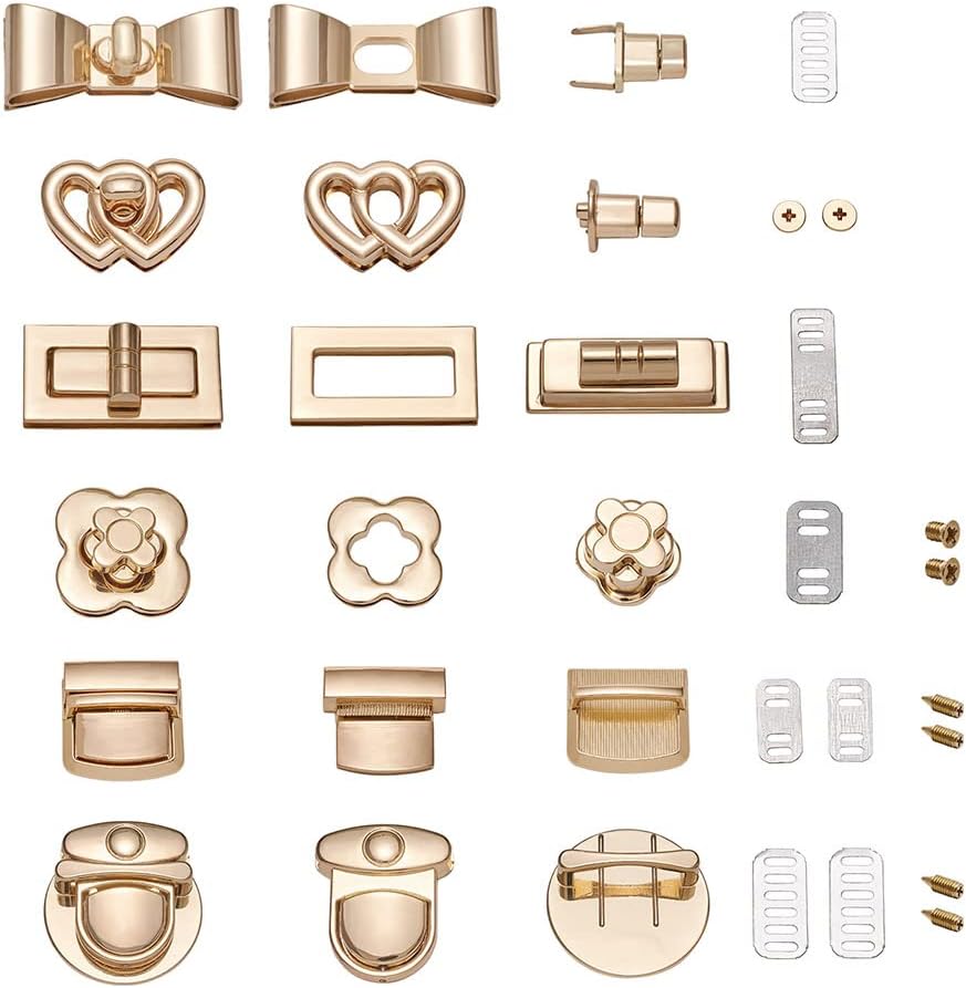 Craftdady 6 Sets Turn Lock Clasp Purse Clutch Closure Bowknot Heart Flower Rectangle Twist Lock Fastener Handbag Bag Hardware Accessory Light Gold,Bow/Heart/Flower/Rectangle/Shield