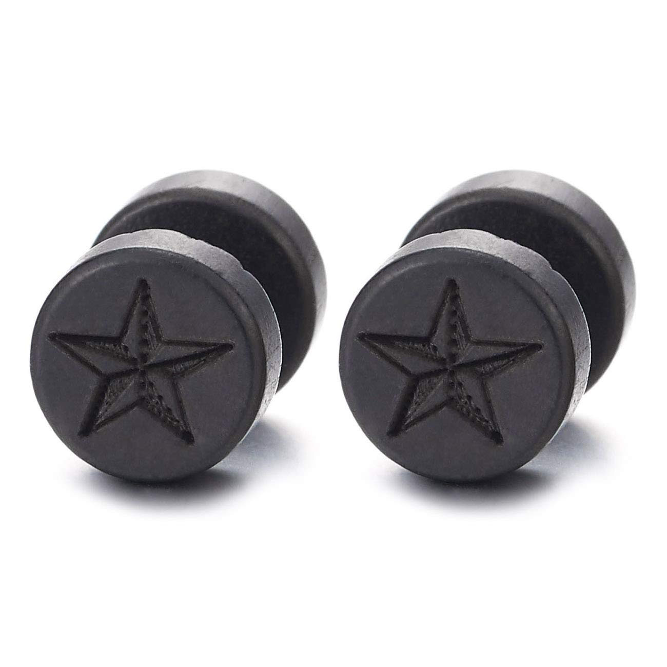 COOLSTEELANDBEYOND 10MM Hombre Mujer Negro Madera Círculo Pendientes con Estrella, Aretes, Acero Enchufe Falso Fake Cheater Plugs Gauges