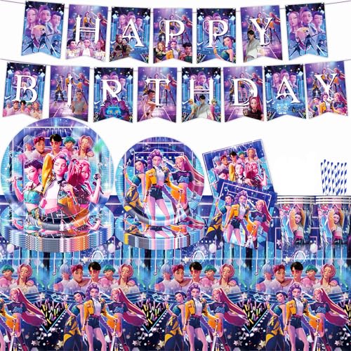 62 Piezas Decoración Cumpleaños, Vajilla de Fiesta de Cumpleaños con Platos Vasos Servilletas Pajitas Mantel y Bandera, Party Vajilla Fiesta, Regalo para Fans del Anime Niños/Jóvenes (Azul)