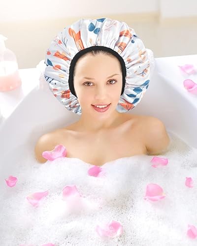 Miniatura 9 de Aquior Gorro de ducha con forro de rizo para mujer, gorro de ducha reutilizable, triple capa impermeable, extra grande para mujeres de pelo largo