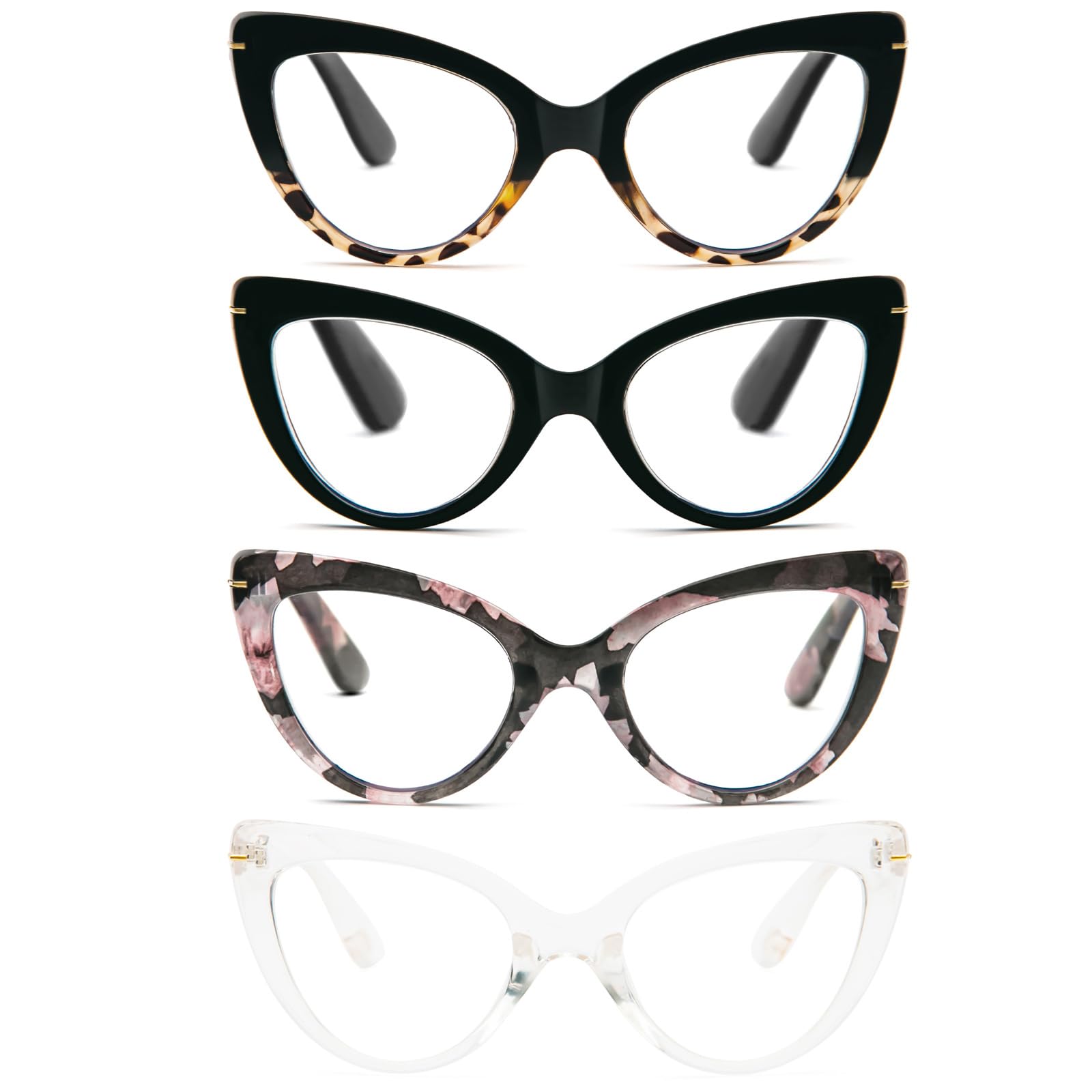 MMOWW Paquete de 4 gafas de lectura con ojo de gato femenino - Gafas anti-azules cómodas Ojo de gato grande de moda +3.5