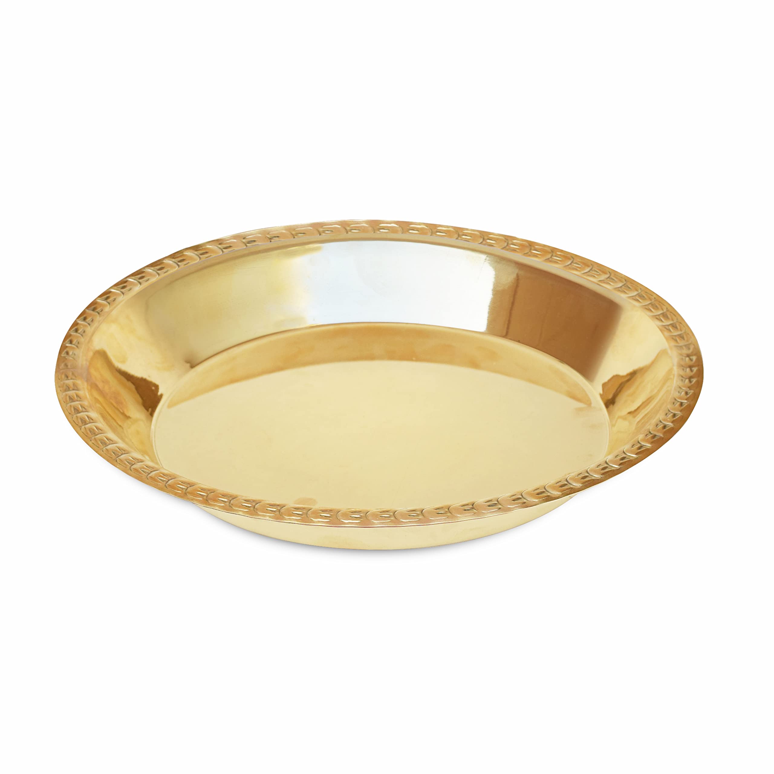 LandSlide Handmade Pure Brass Thali for Puja with Top Curb Hammered (Gold, 10 Inch)