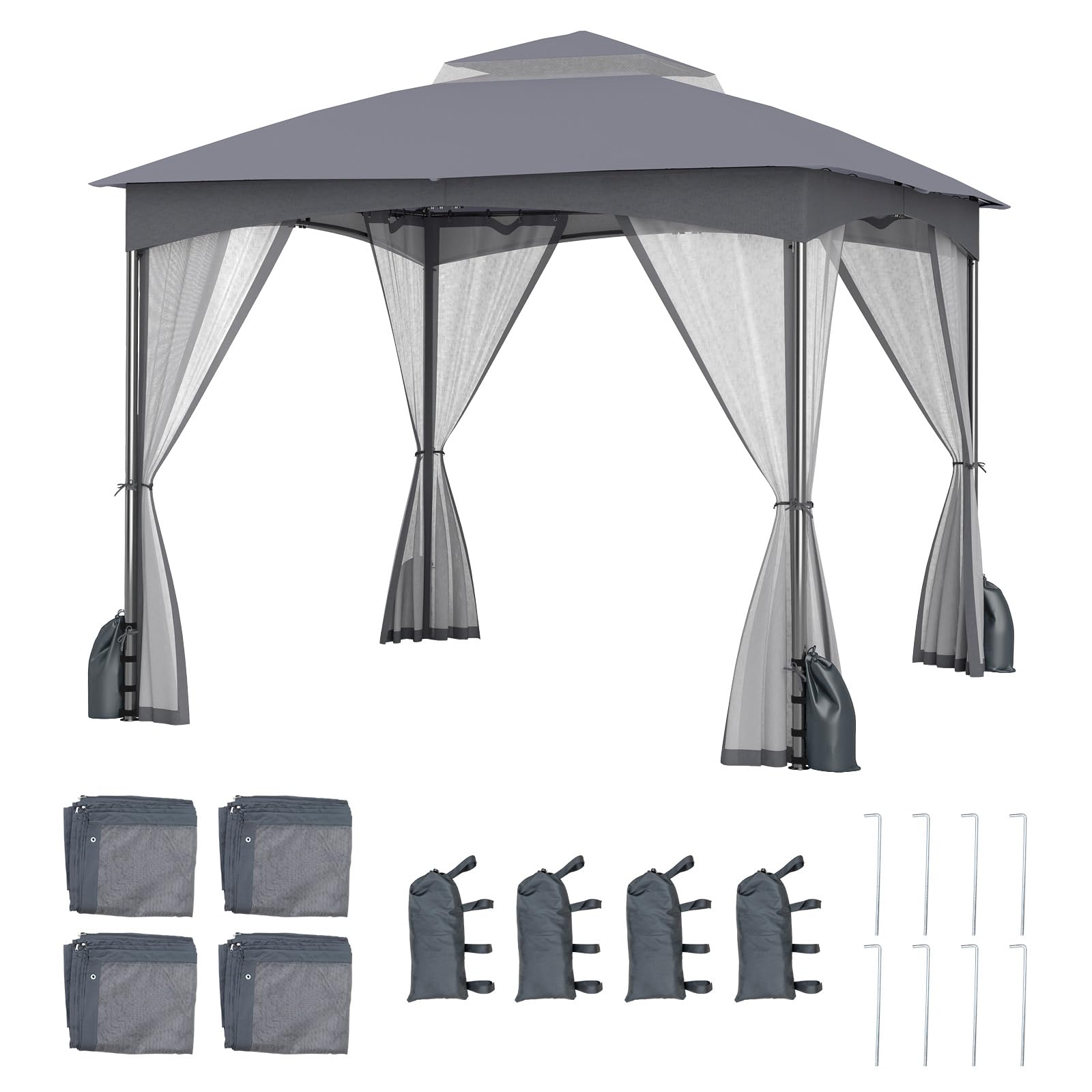COSTWAY Gazebo da Giardino 3 x 3 m, Gazebo Impermeabile con Rete Mesh Staccabile e Terro Ventilato a Doppio Strato, Tenda Regolabile in Altezza per Feste, BBQ e Picnic (Grigio)