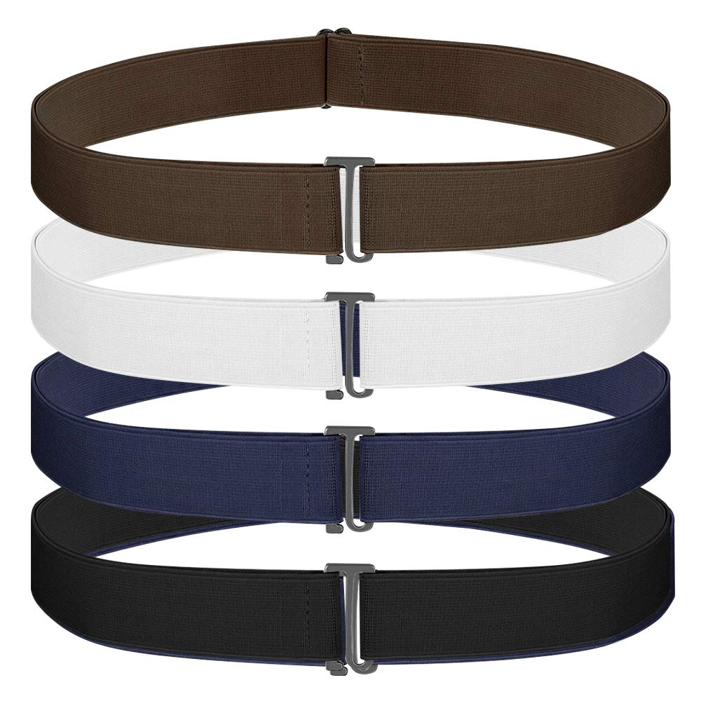 LELE LIFE 4 Pack Adjustable Stretch Belt, Invisible Belt with Flat Buckle, No Show Elastic belt for Jeans Dresses Pants, Black, Brown, White, Dark Blue
