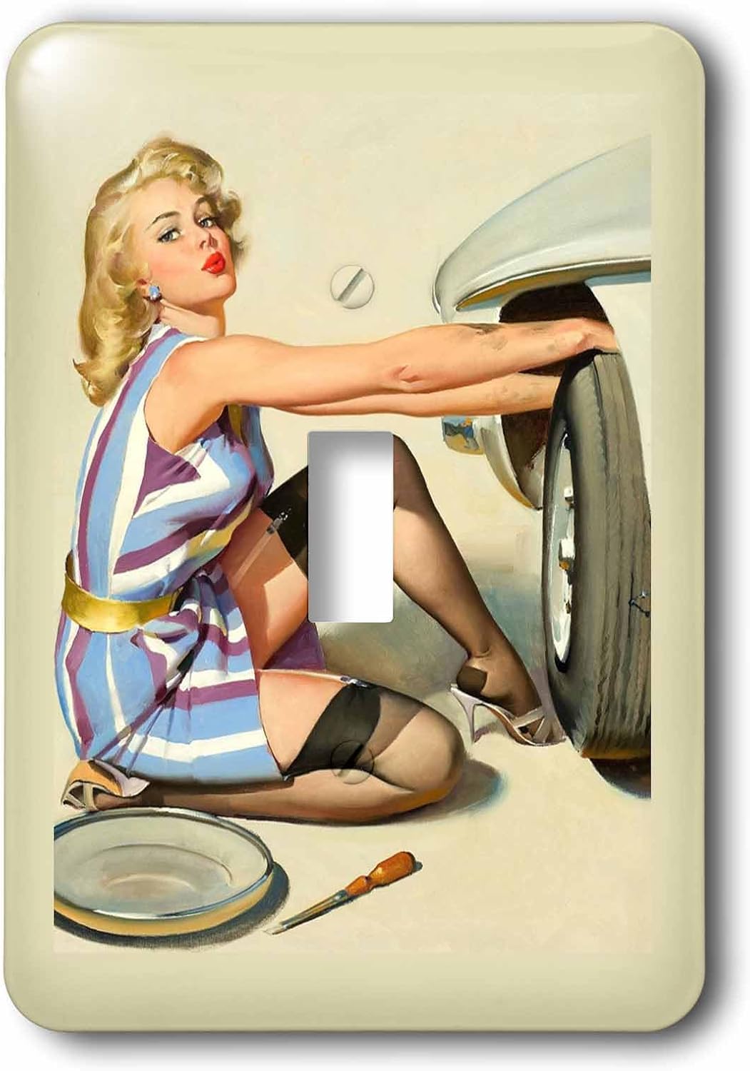 3dRose Image of Retro Elvgren Pinup Changing Tire 2 plug outlet cover