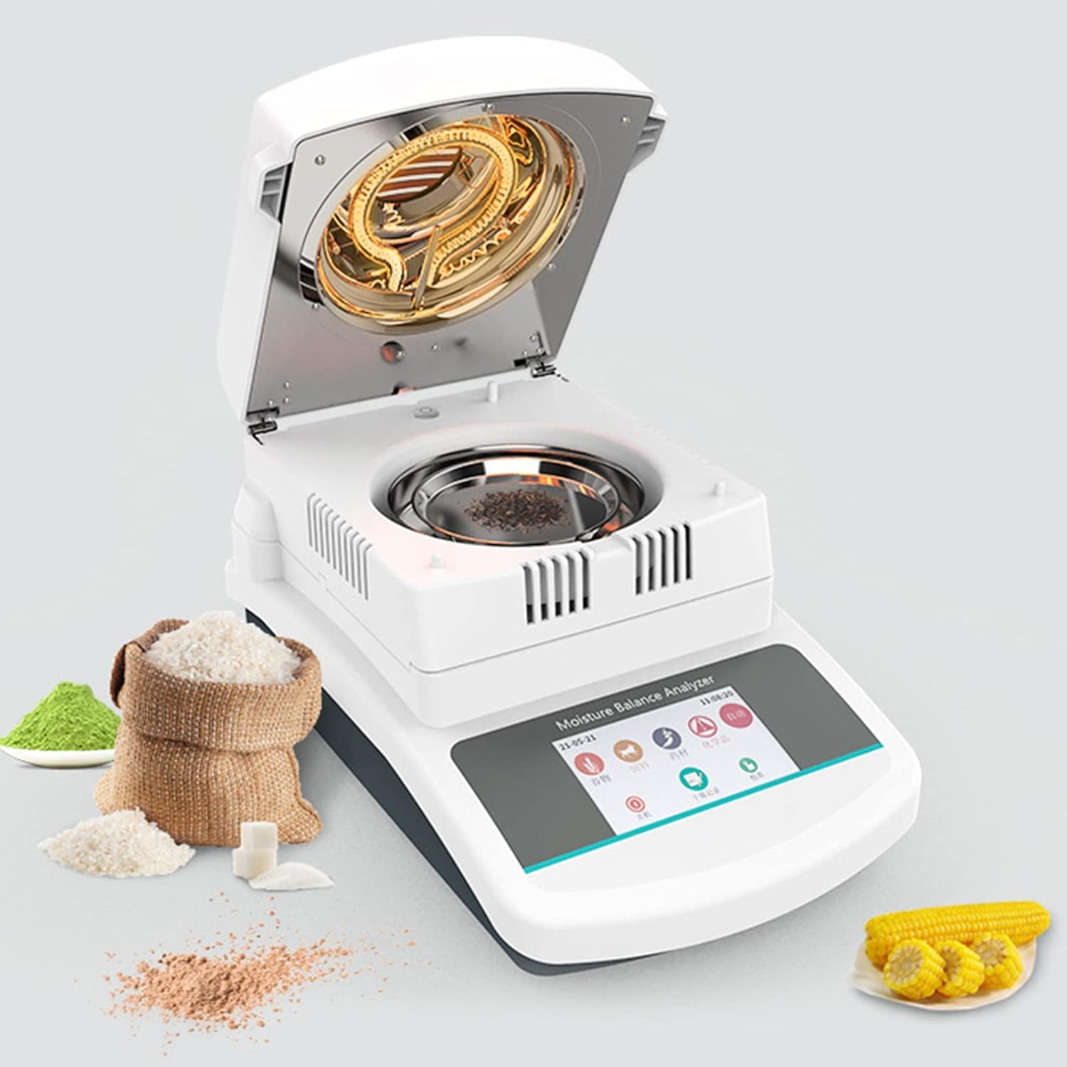 Analizador de humedad, calentamiento uniforme con almacenamiento de datos, temporizador de temperatura ajustable para alimentos, investigación agrícola, prueba de humedad en polvo, 100 g/0,01 g