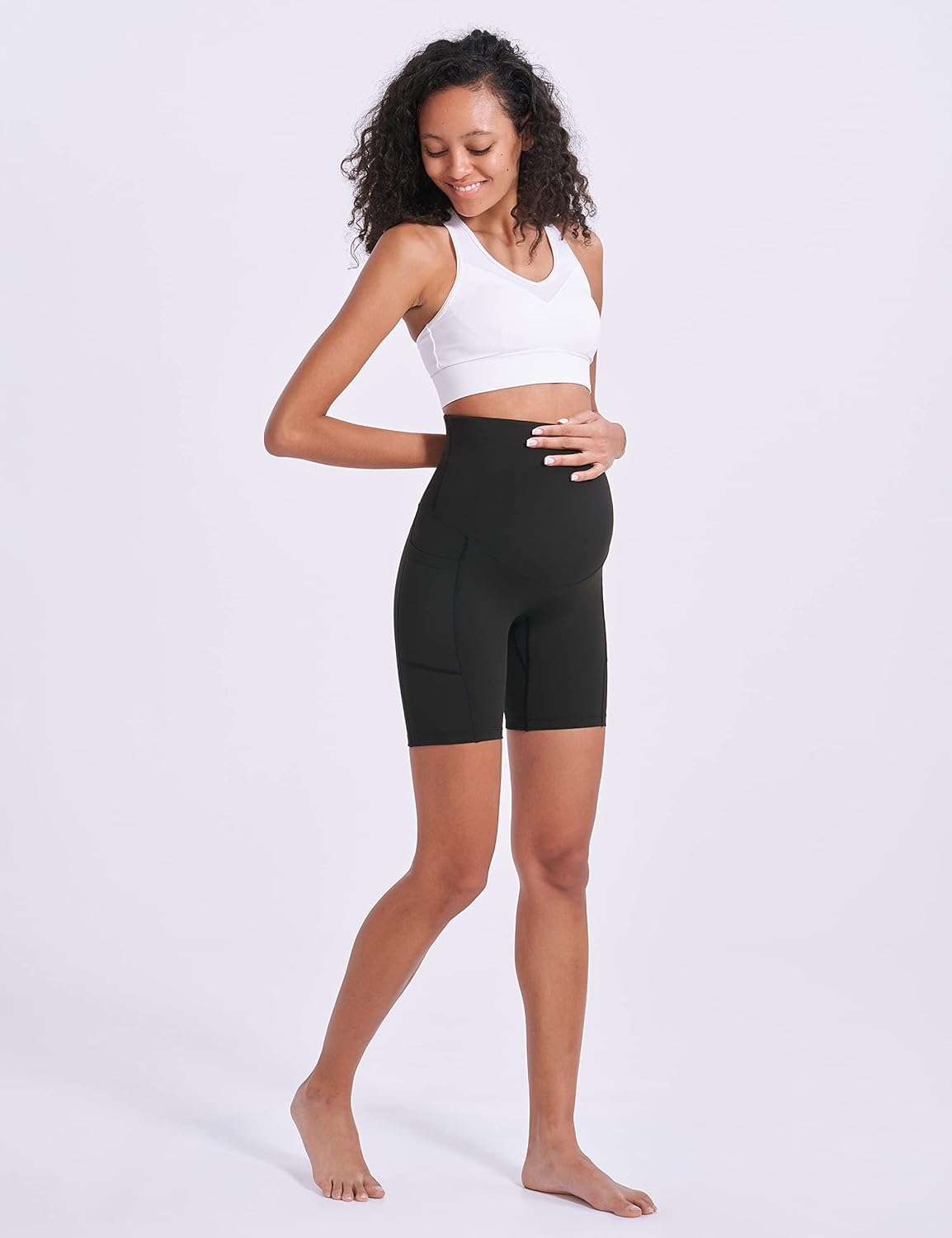 ENERFUL Women's Maternity Yoga Shorts Over The Belly Comfy Biker Workout Active Pregnancy Gym Short Pants with Pockets 8"/5" - Image 2