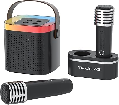 Karaoke Machine with 2 Wireless Microphones and Base, Mini Bluetooth Singing Toys Speaker Mic Set with LED Party Lights and Voice Changer, Halloween Christmas Birthday Gift