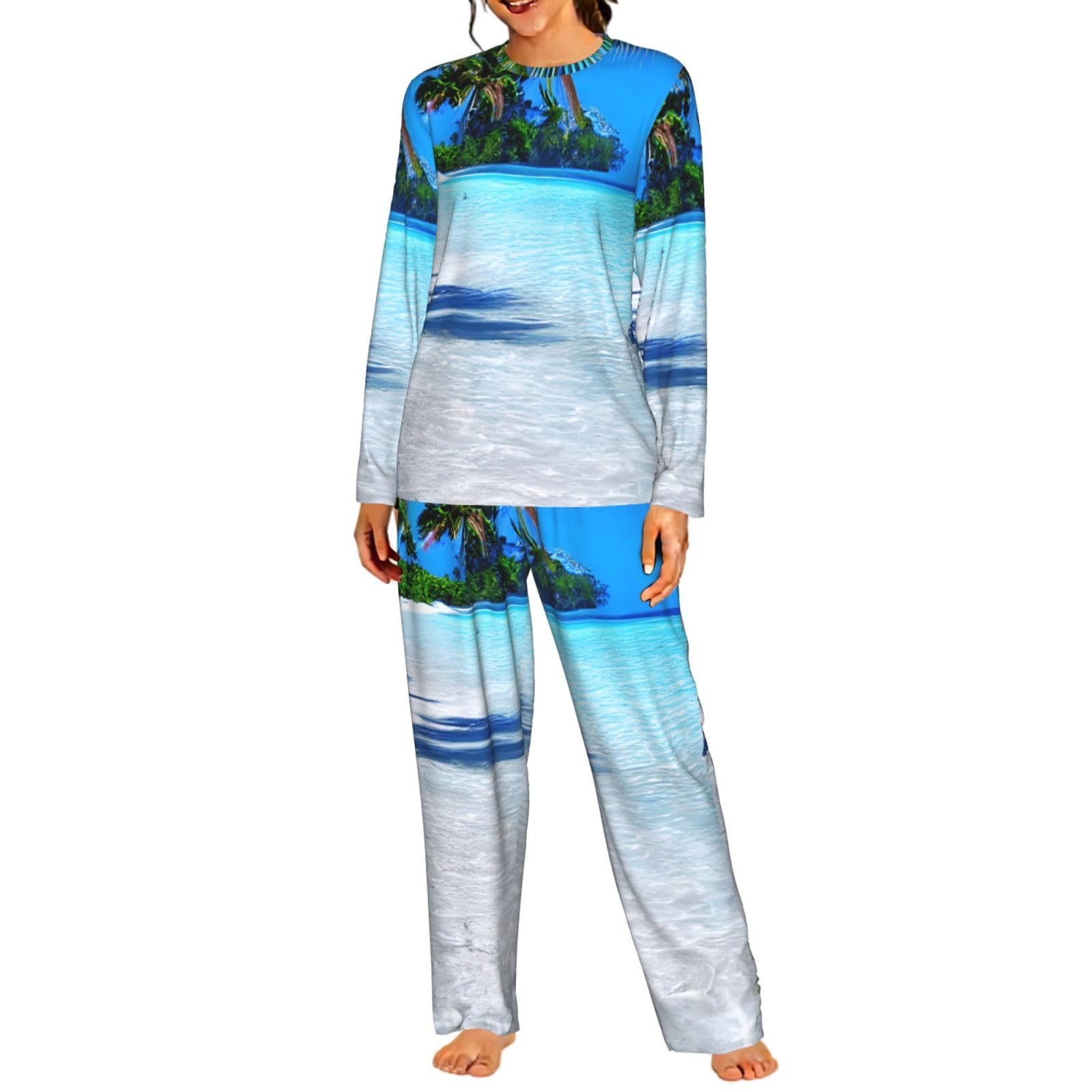 Pigiama da donna a maniche lunghe con stampa tropicale di sabbia bianca spiaggia e oceano morbido pigiama da spiaggia vacanza da notte regalo casual
