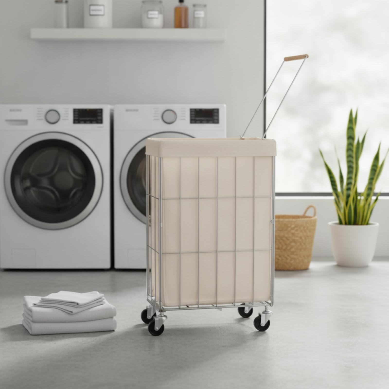 Carrello Biancheria Pieghevole Carrello Lavanderia Carrello con Ruote Telaio Acciaio Inox 201 Manico Spinta 34 Cm Ruote Girevoli Scorrimento Sacco Removibile Adatto per Casa Bagno Corridoio