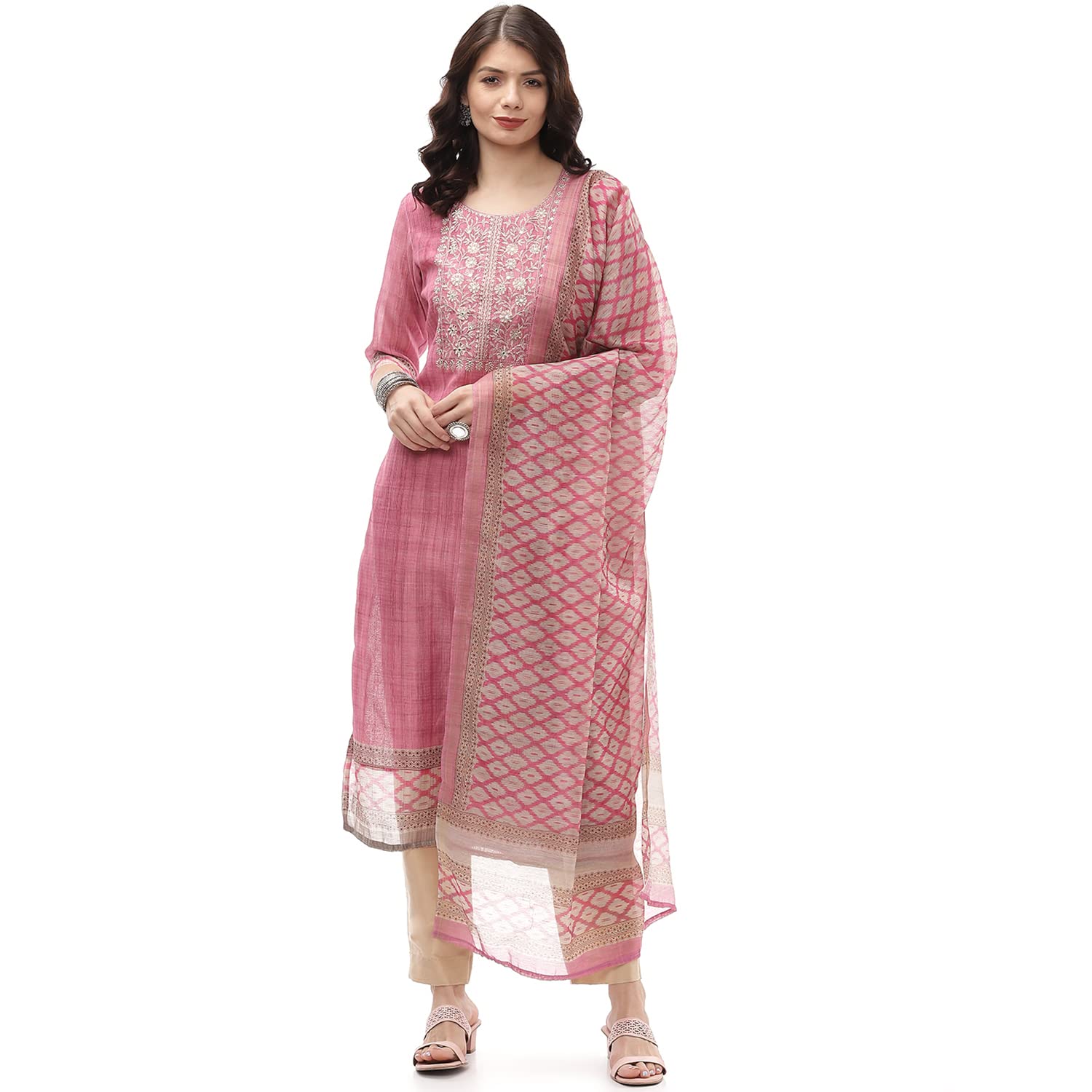 Women's Pink Chanderi Hand Embroidered Unstitched Suit Set