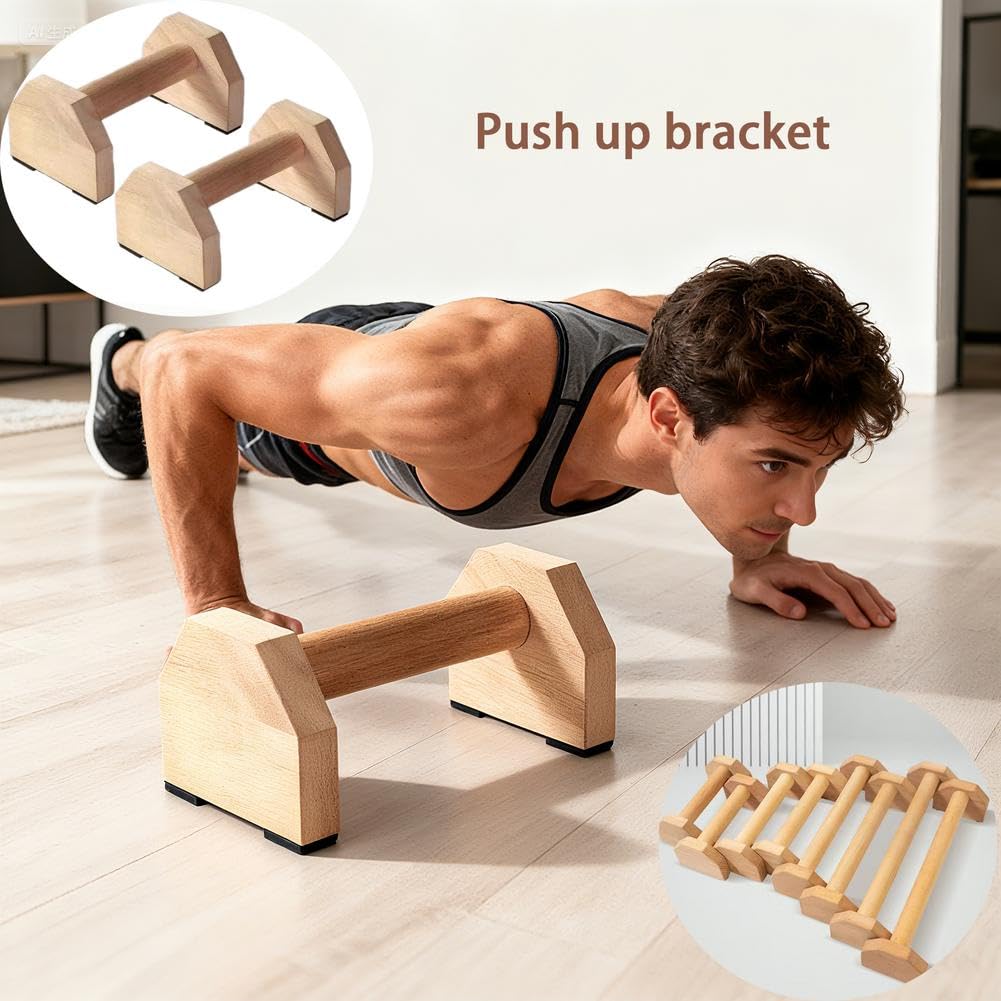 Lot de 2 parallettes en bois avec base antidérapante, équipement d'entraînement à domicile, barre de gymnastique – Blocs de support et poignées de pompes pour salle de sport à domicile, gymnastique et