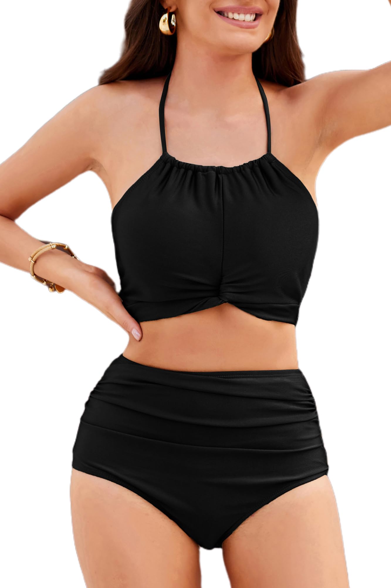 GRACE KARIN Women's High Waisted Tankini Scoop Neck Knotted Two Pieces Tankini Set Swimsuit Black XL