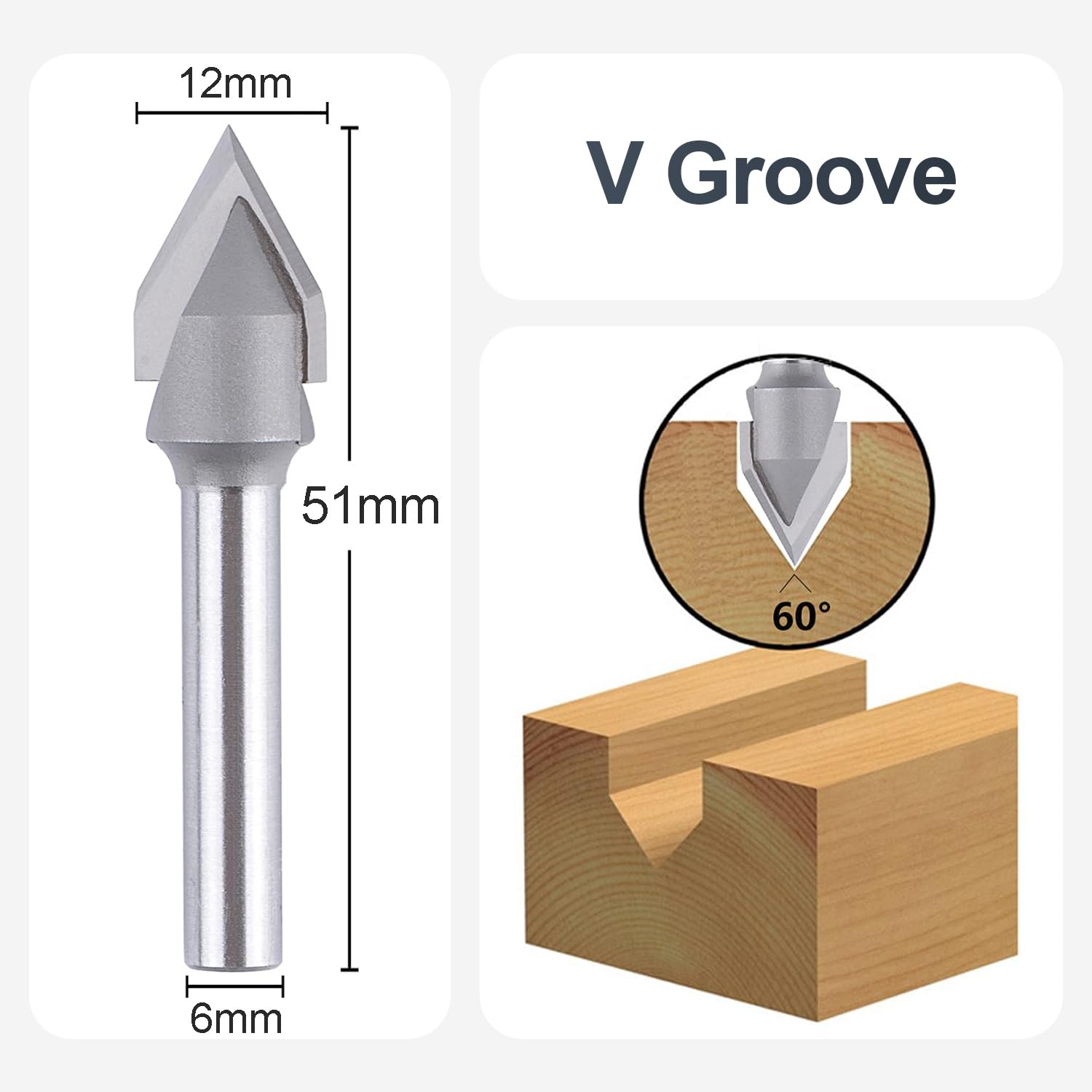 SpeTool Fraise Chanfreiner Diamètre de la Tige 6mm a Rainurer en V 60 Degres pour Gravure CNC Diamètre de Coupe 12mm Fraise V pour Graver Chanfreiner