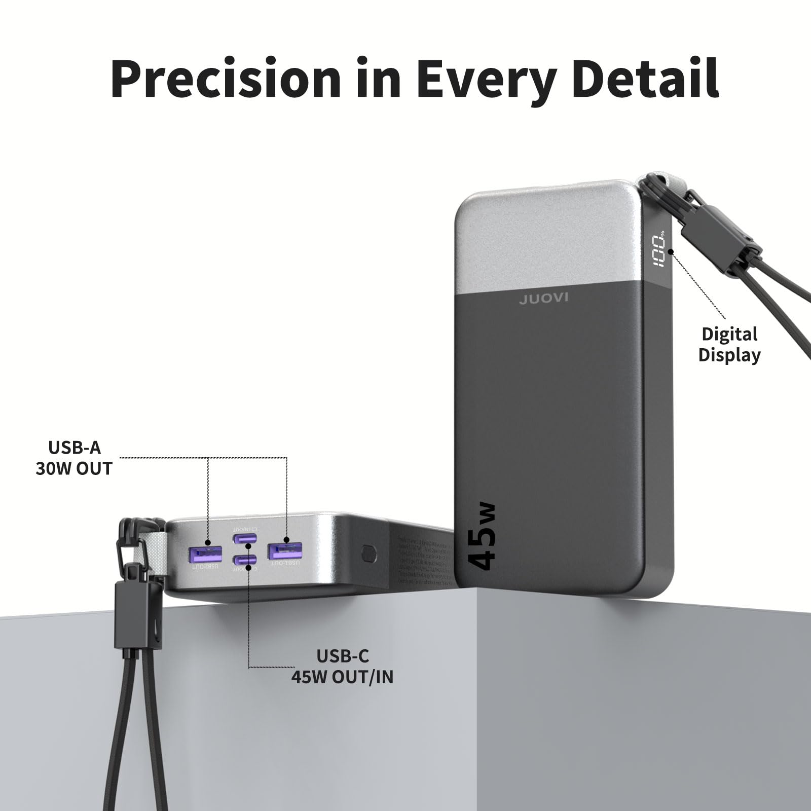 JUOVI Batería Externa Carga Rápida, 45W Power Bank 20000mAh con USB-C Cable | Batería Portátil con Cable Desmontable y Pantalla LED, Cargador Portátil Compatible con iPhone 17 16 Galaxy S26 S25 iPad